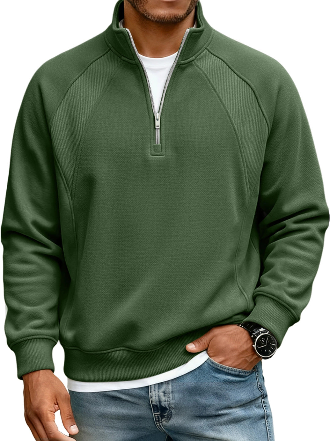 Amazon New Men's Jacket Half-Zip Stand-Up Collar Sweatshirt Men's T-Shirt Long-Sleeved Solid Color Splicing Loose Fit