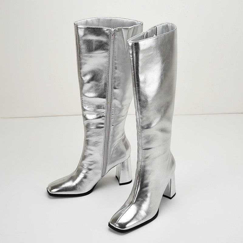 New Autumnwinter Silver Square-toe Chunky-heel Womens Over-the-knee Boots