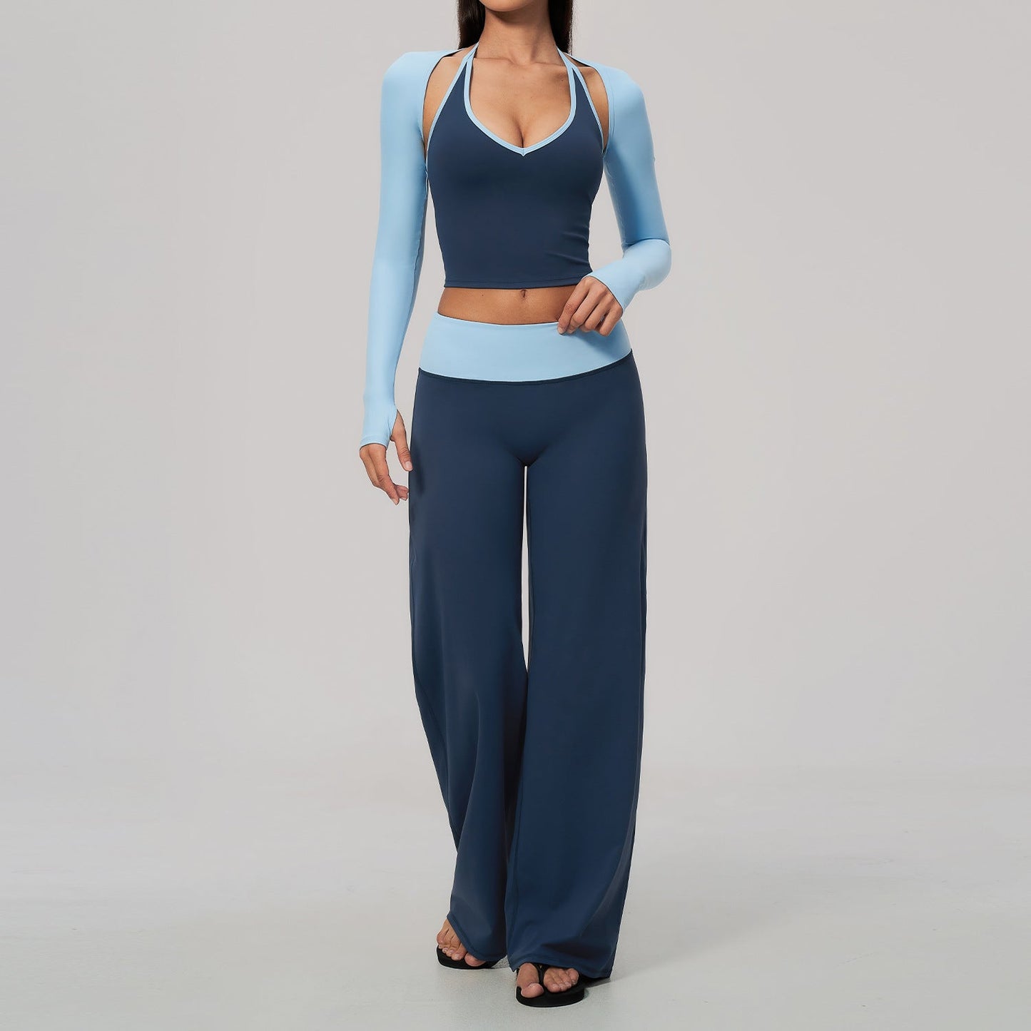 High-Waisted Tummy-Control Long-Sleeve Blouse Yoga Three-Piece Set