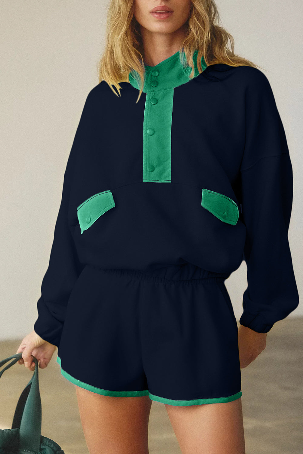 Conjunto de Sudadera de Medio Botón y Pantalones Cortos con Bloques de Color y Retazos Red Dahlia