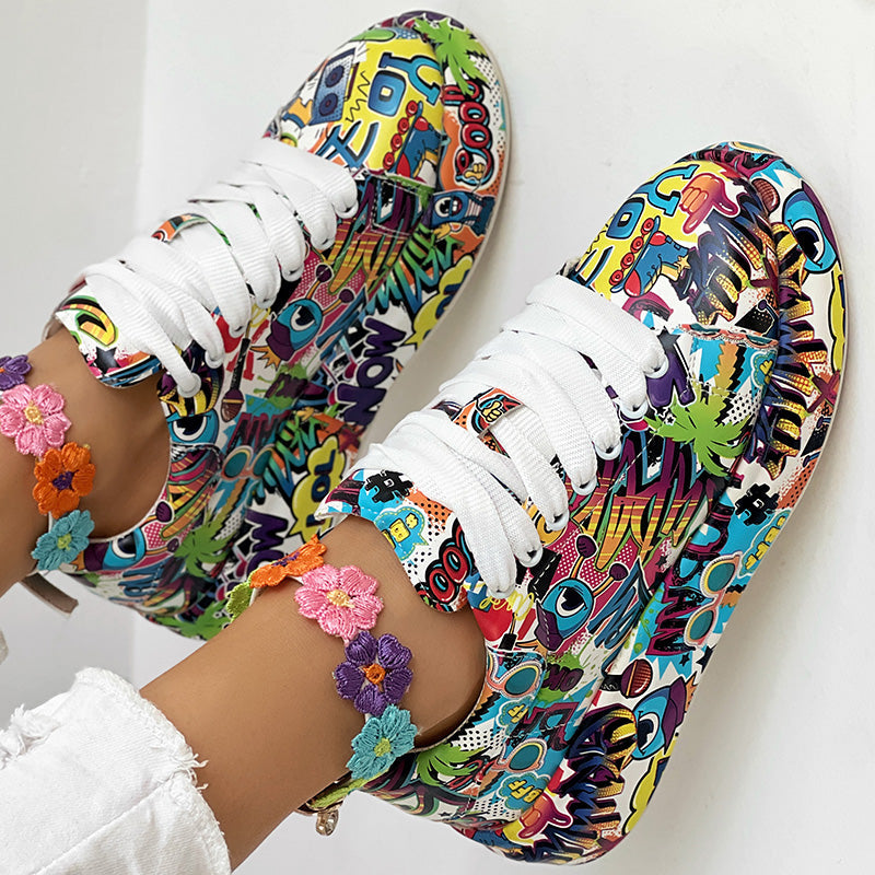 Women's Casual Round Toe Thick Sole Lace-Up Sneakers, Random Print Design, Comfortable Sporty Shoes For Daily Wear See size chart under “more details”