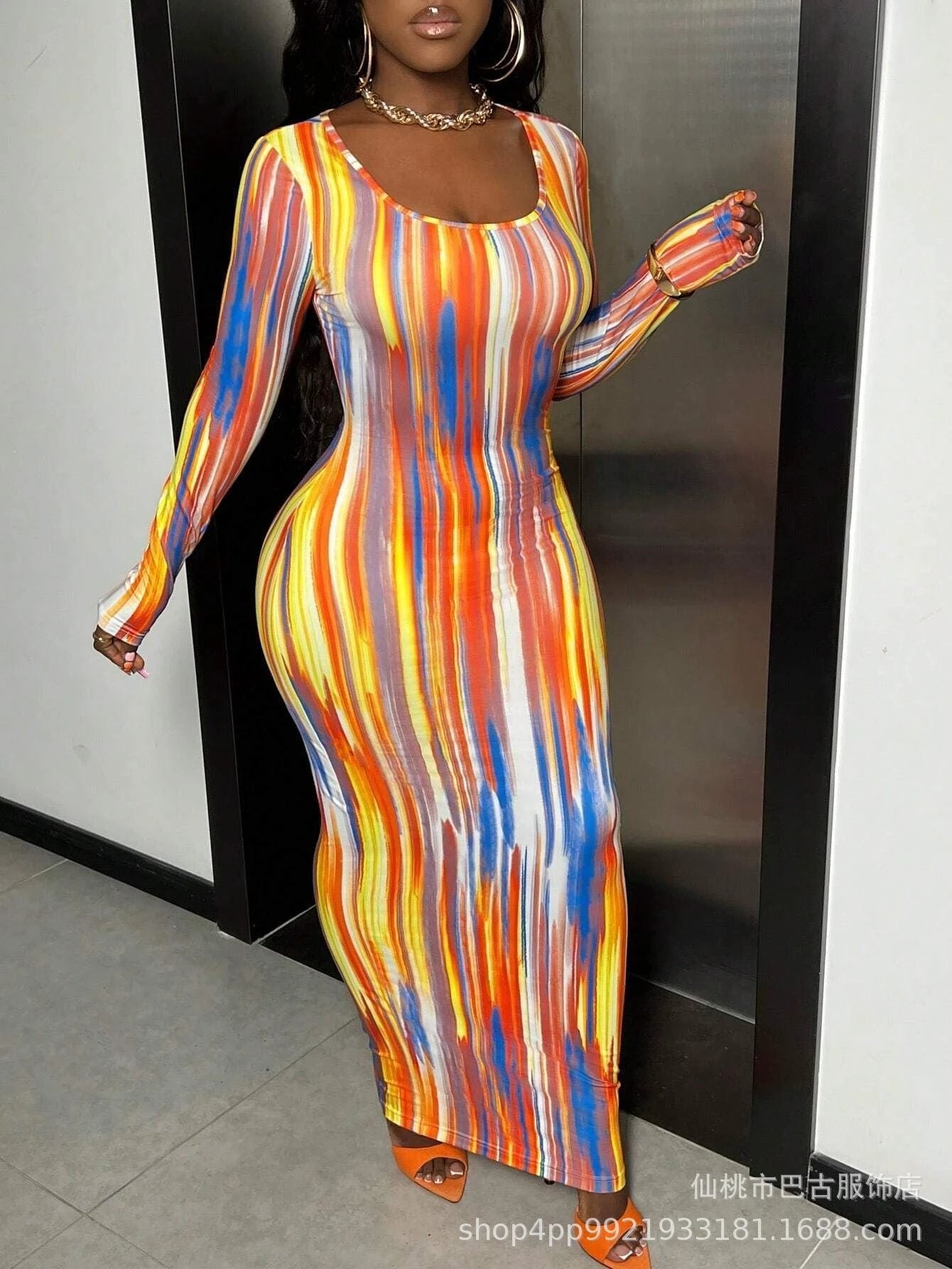 Printing Temperament Commute Long Sleeve Dress Foreign Trade
