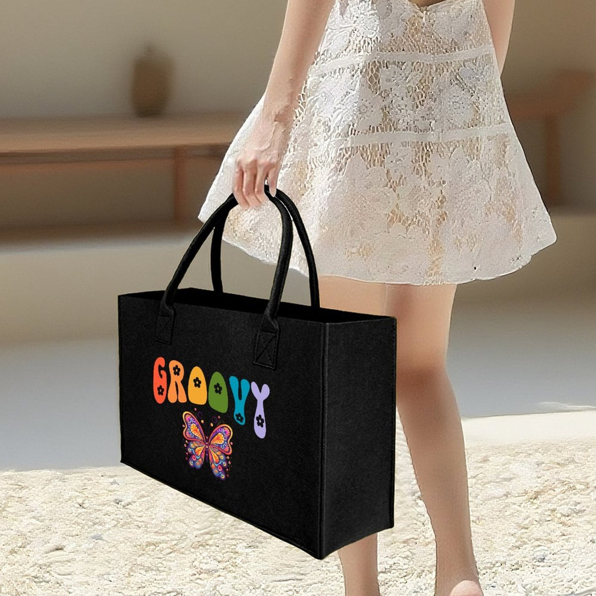 Groovy Butterfly Large Felt Tote Bag (Made in USA)