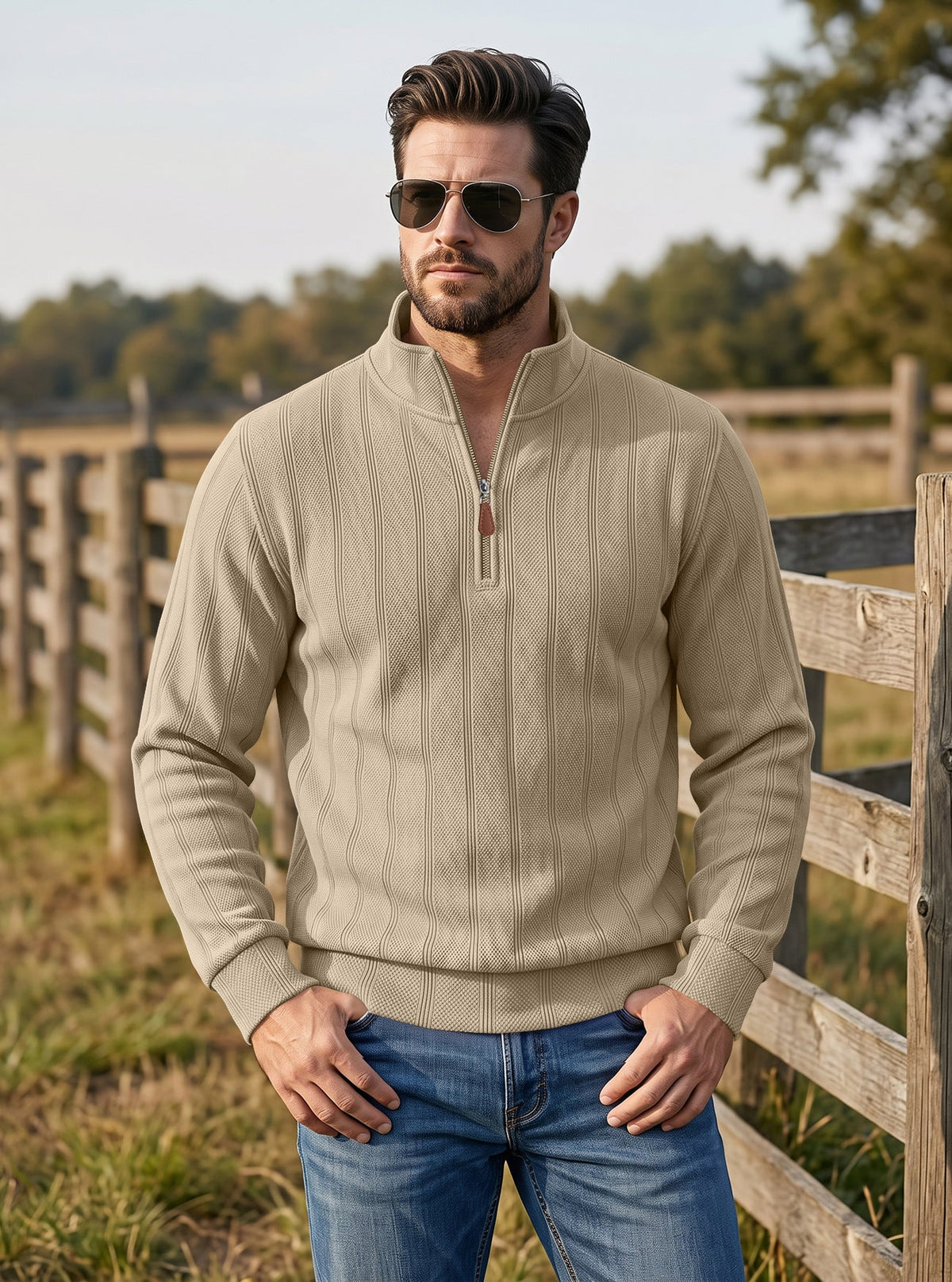 Cross-border TK Men's Vertical Stripe Waffle Half-Zip Stand Collar Long Sleeve Top, Solid Color Casual Pullover American Sweatshirt