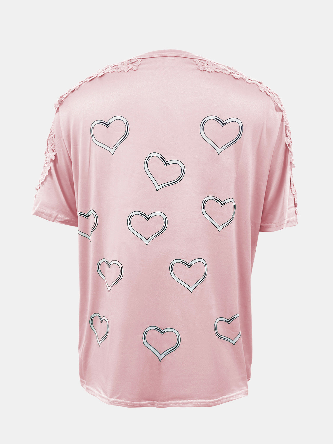 Camiseta de manga corta con cuello redondo, detalle de encaje y corazón, talla grande