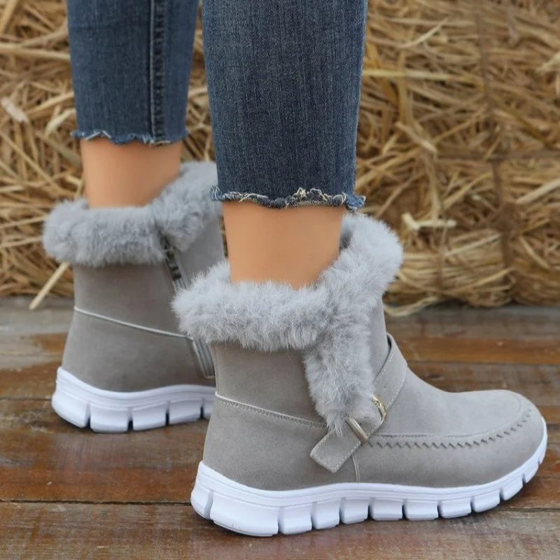 Botas de Nieve Nuevas Botines Gruesos Cálidos de Invierno de Color Sólido con Peluche y Diseño de Hebilla Zapatos Planos de Terciopelo para Mujer