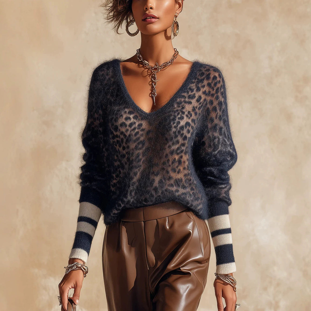 Leopard-print Mohair V-neck Sweater For Women