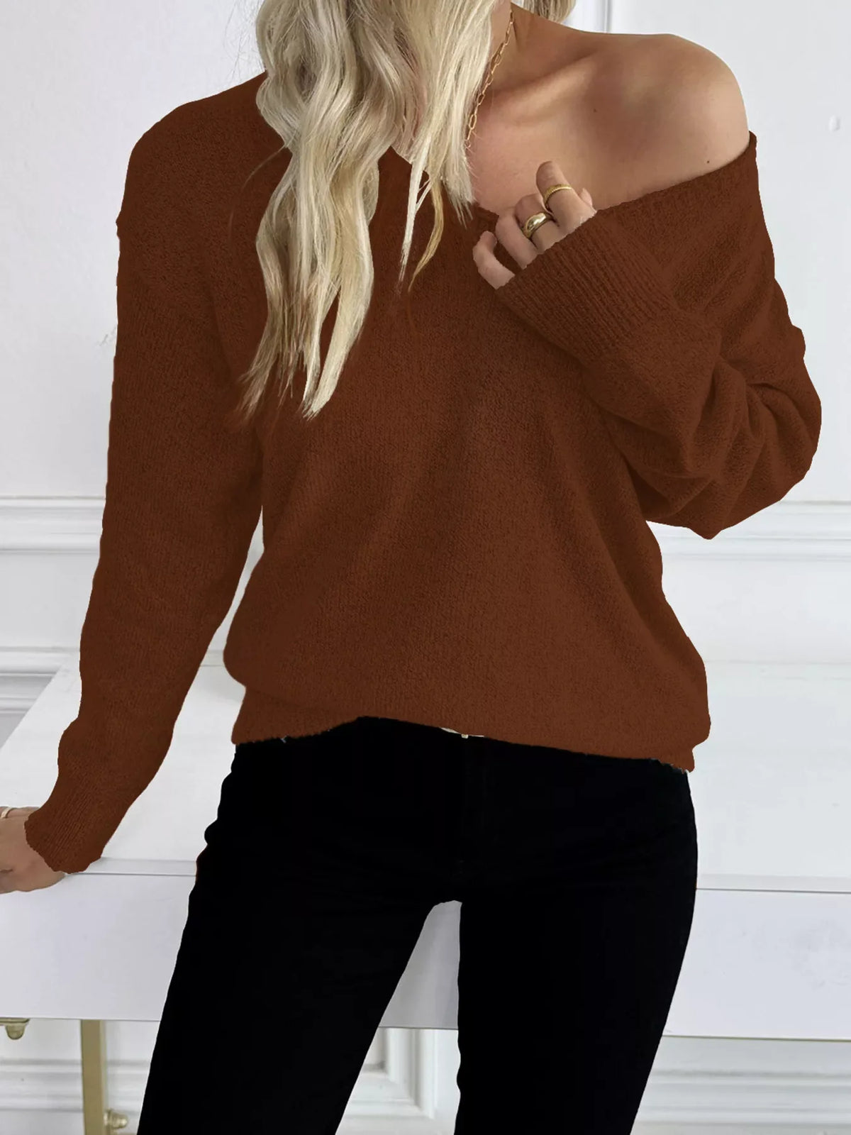Casual V-Neck Drop Shoulder Sweater