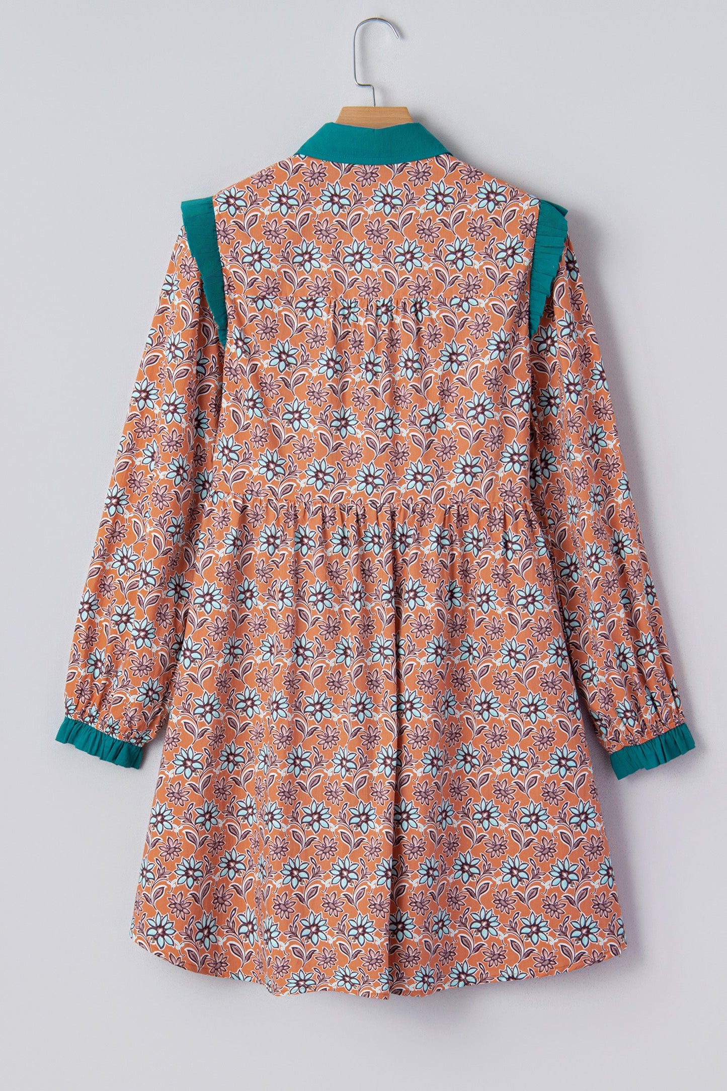 Orange Boho Floral Contrast Collared Shirt Mini Dress