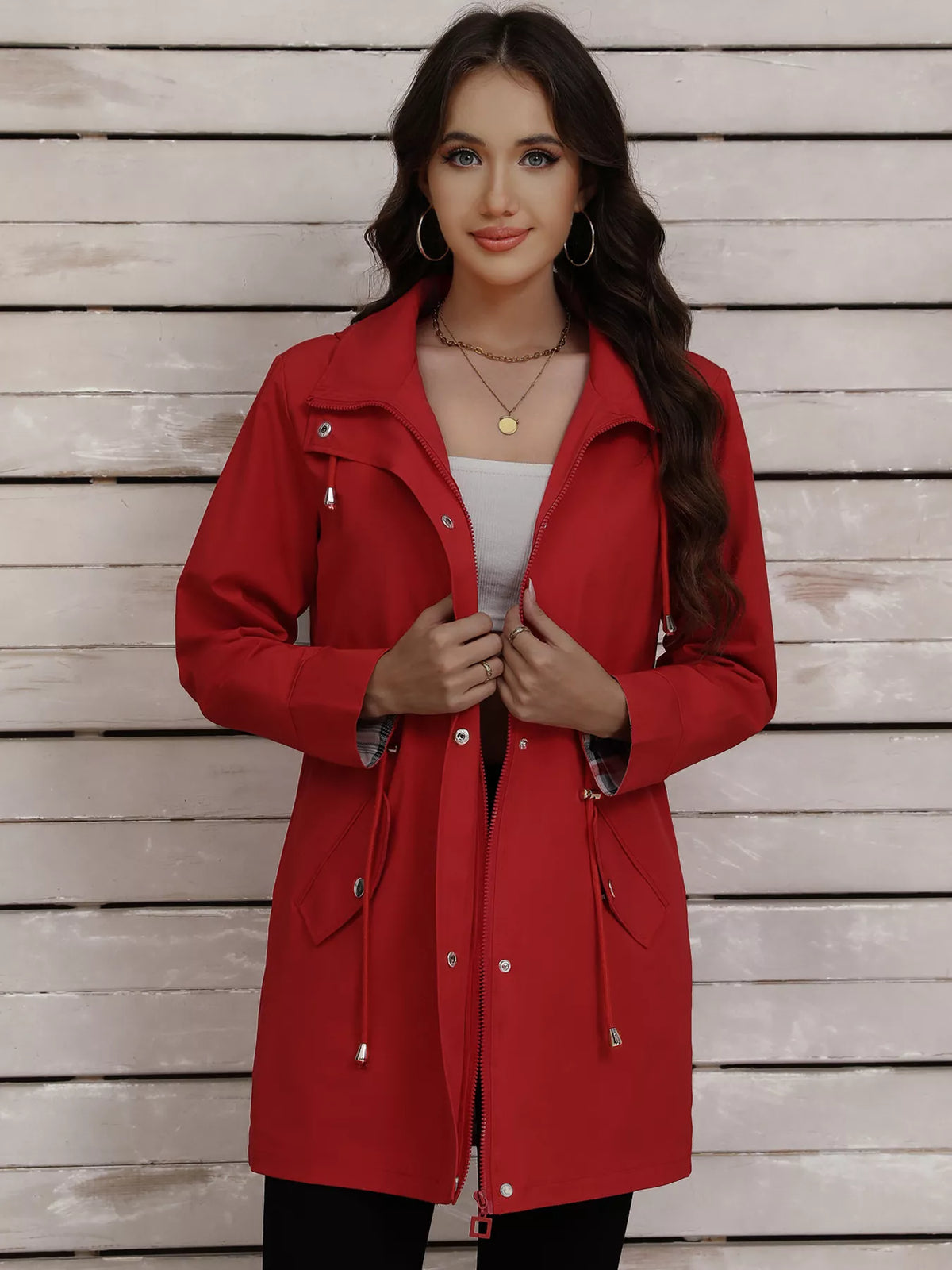 Drawstring Snap-Down Trench Coat