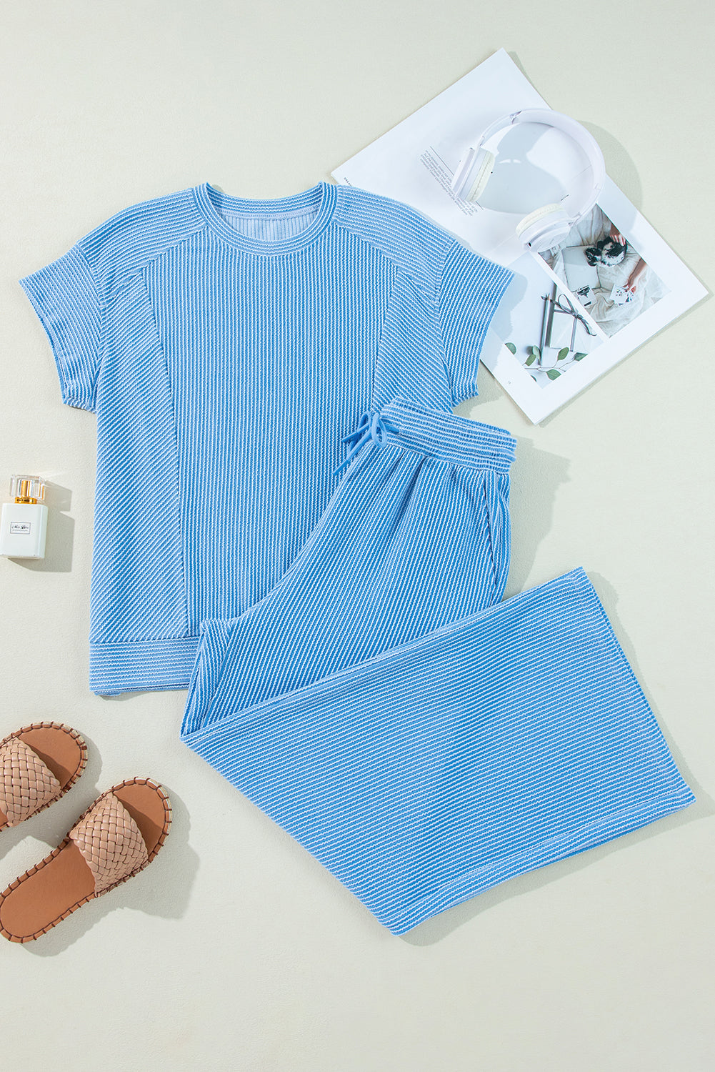 Wild Wind Solid Corded Short Sleeve Shirt and Wide Leg Pants Set