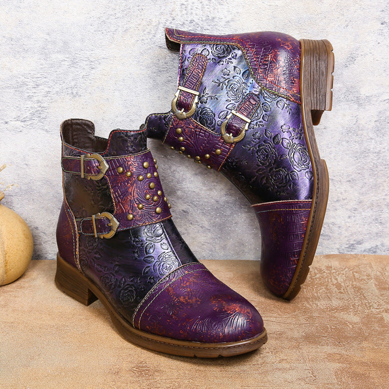 Botas de moda para mujer con hebilla de remache retro. Consulta la tabla de tallas en "más detalles".