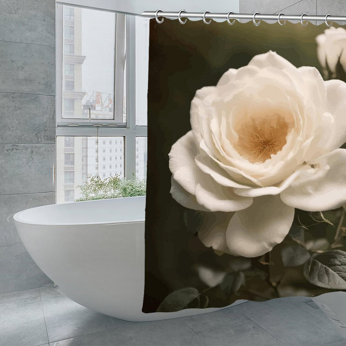 White Rose Waterproof Polyester Shower Curtain