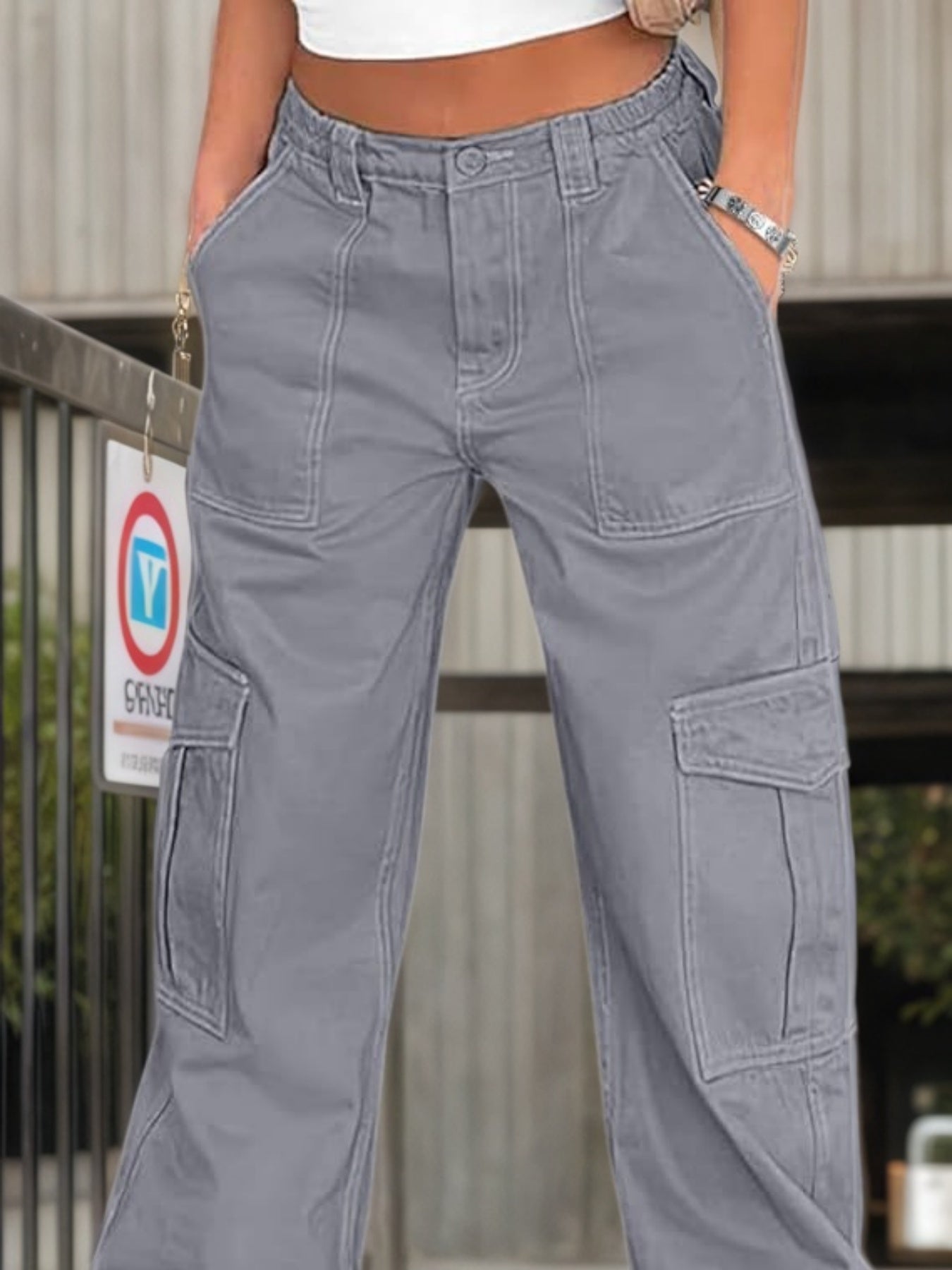 Pantalones de trabajo de mujer de talle alto - Pantalones cargo casuales de pierna ancha