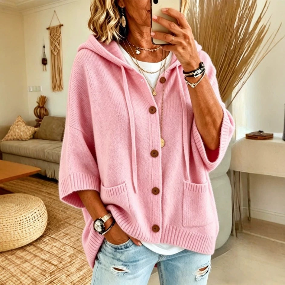 Fashion Autumn Winter Women's Button Knitted Hooded Drawstring Cardigan Sweater Coat For Women
