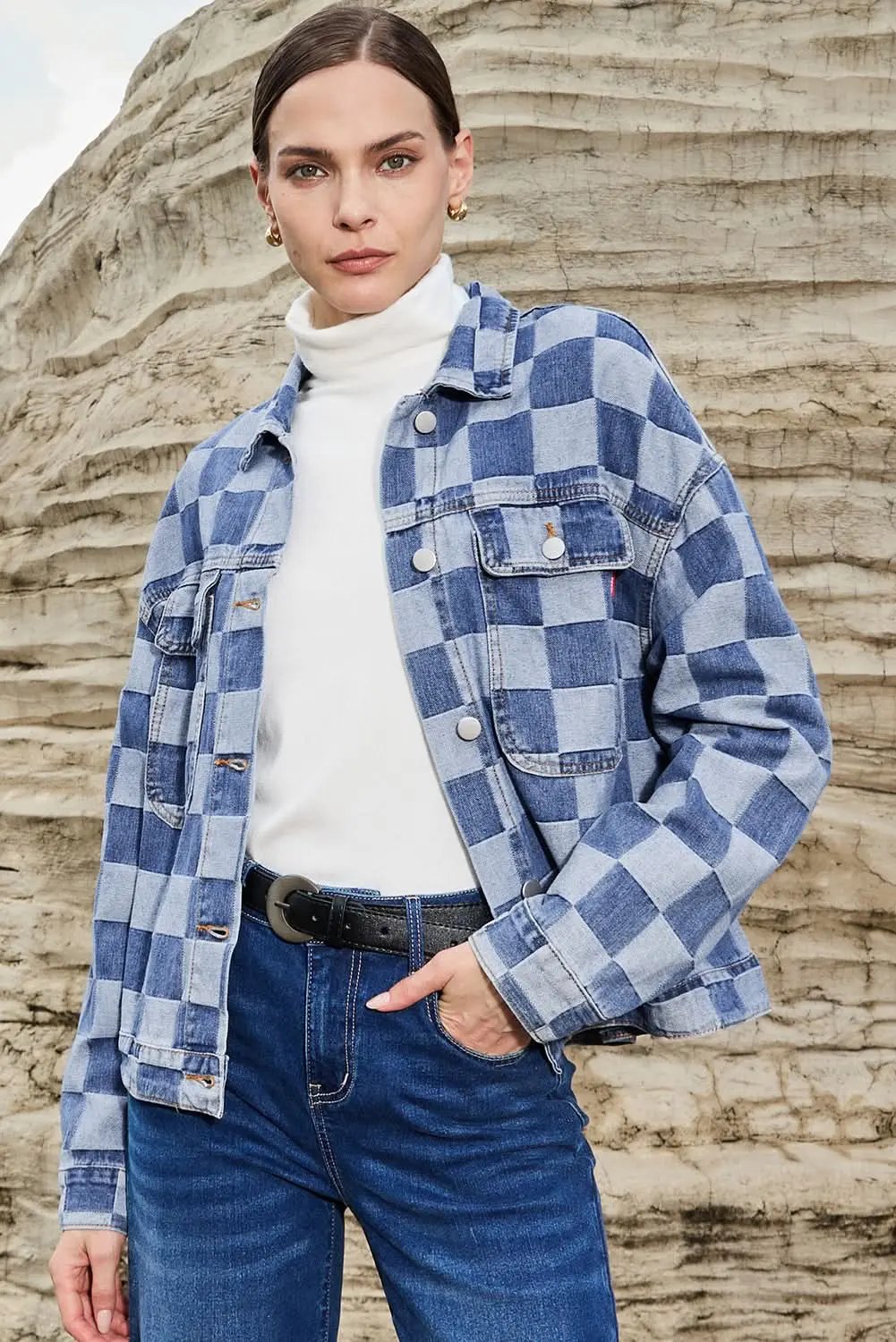 Jackets Love Salve Denim Jacket Women's Daily Wear Checkered Patchwork Button-Up Casual Spring