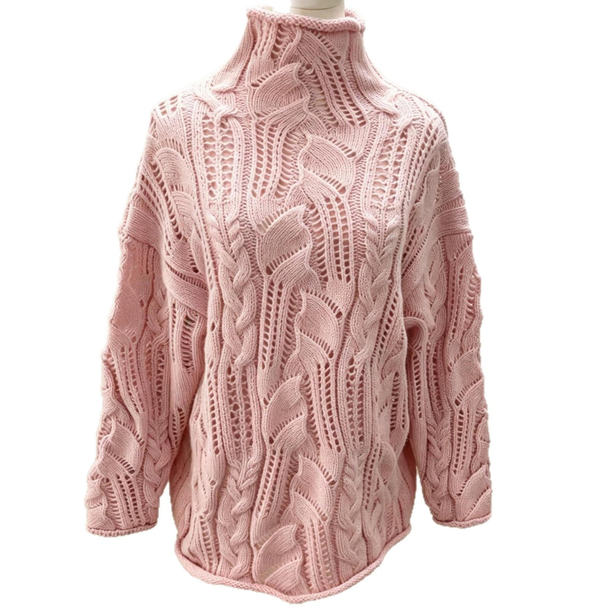 Women's Turtleneck Hollow Cable Knit Sweater, 2026 Fall Winter Loose Long Sleeve Pullover, Solid Color Knit Base Top