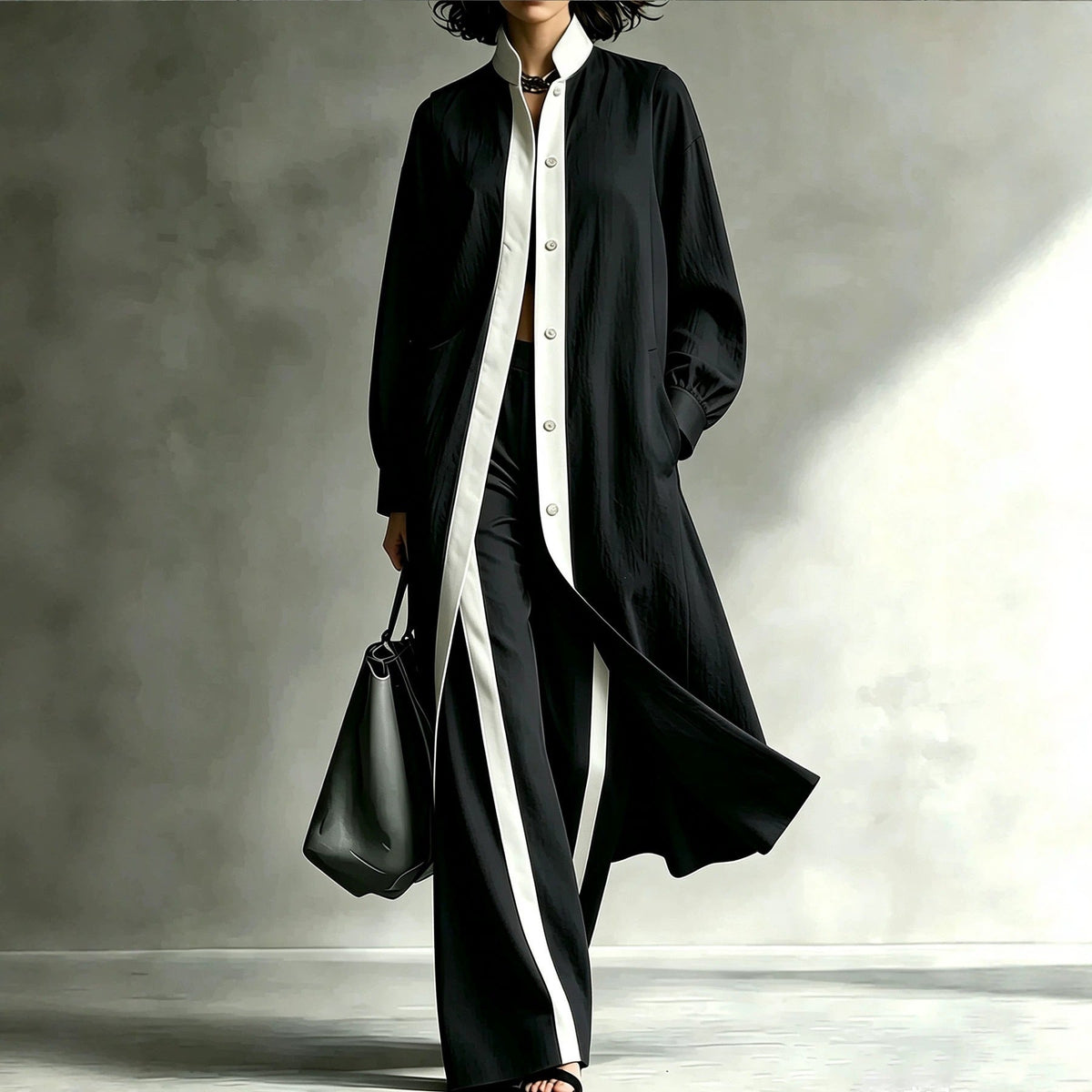 Womens Color-Block Loose-Fit Fashion Long-Sleeve Coat And Pants Set