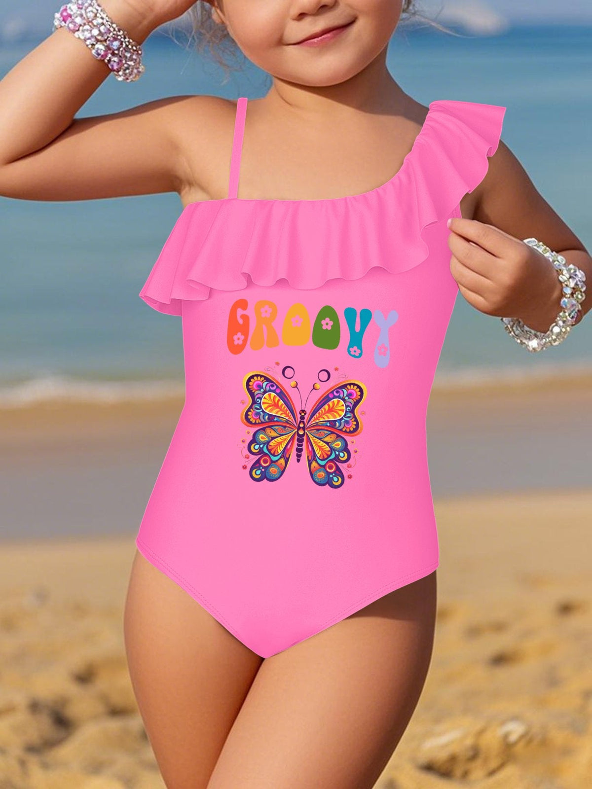 Groovy Butterfly Girls' Ruffled One-Piece Swimsuit (Front Printing)