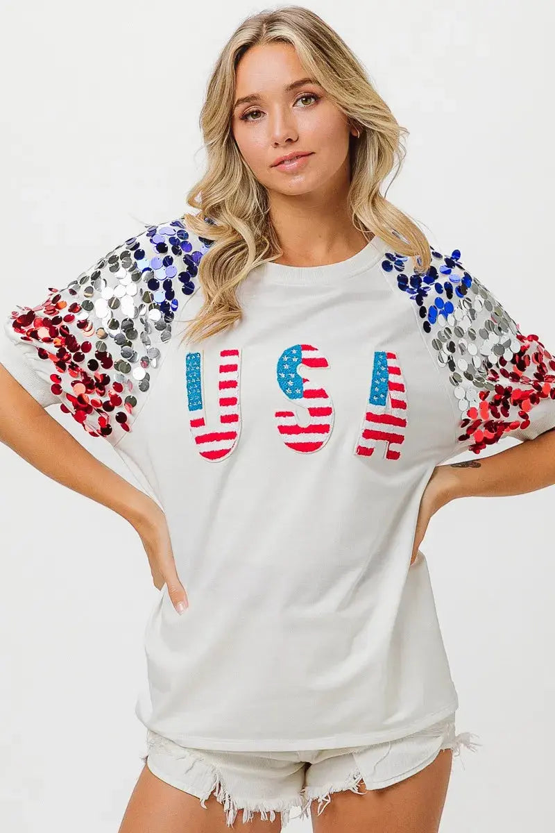 Women's T-Shirt Women's Tee - Sequin American Flag - Patriotic USA Made