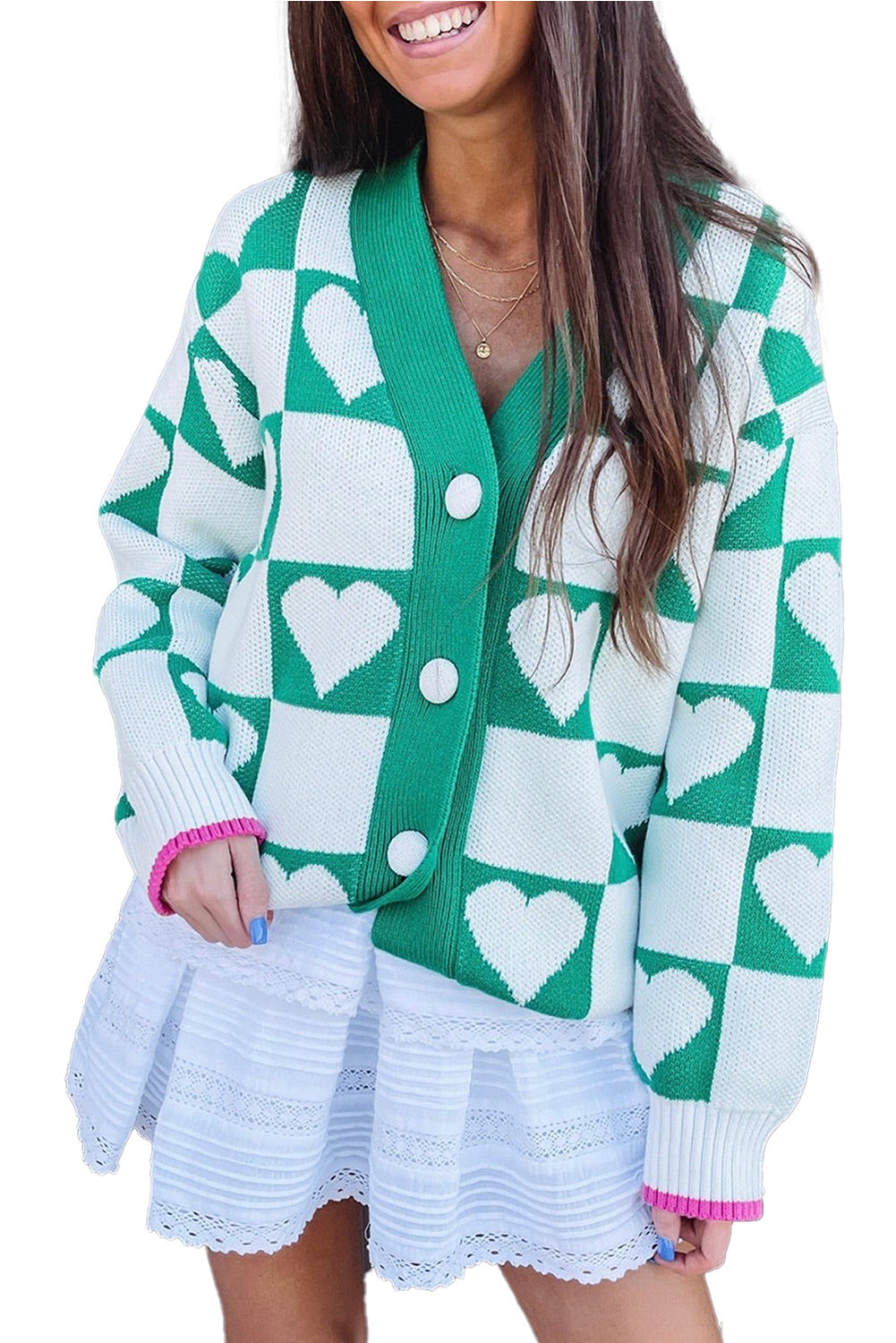 Cárdigan de punto con cuello en V y botones, a cuadros verde mar con corazón