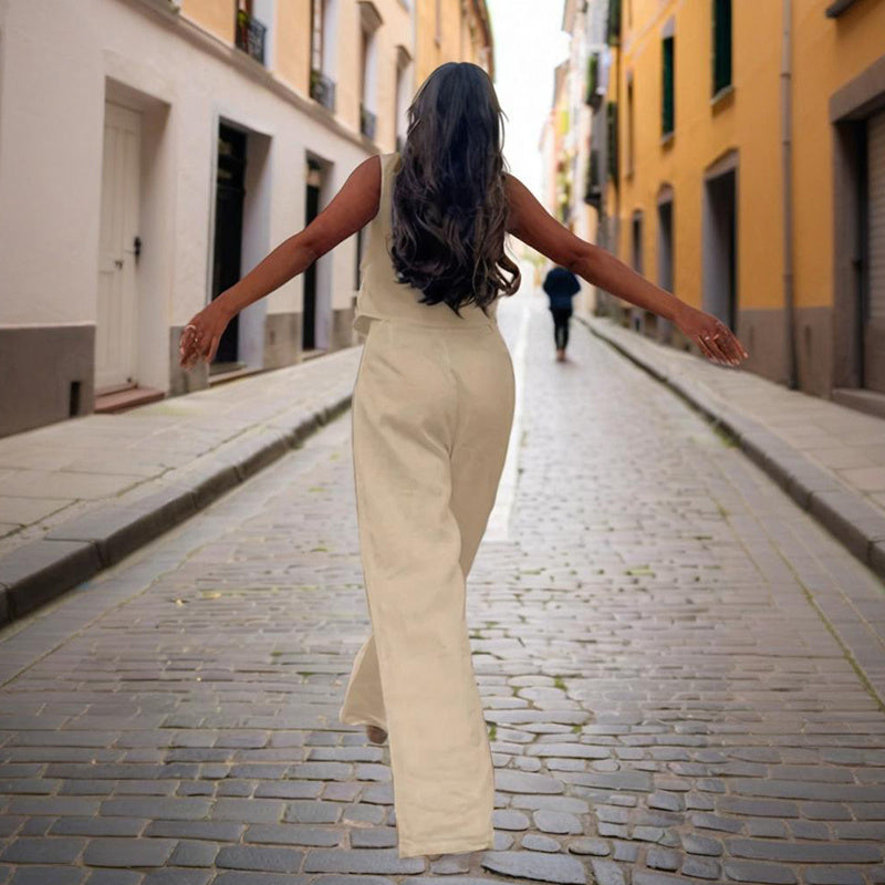 Conjunto de chaleco con botones y cuello en V y pantalón de talle alto para mujer