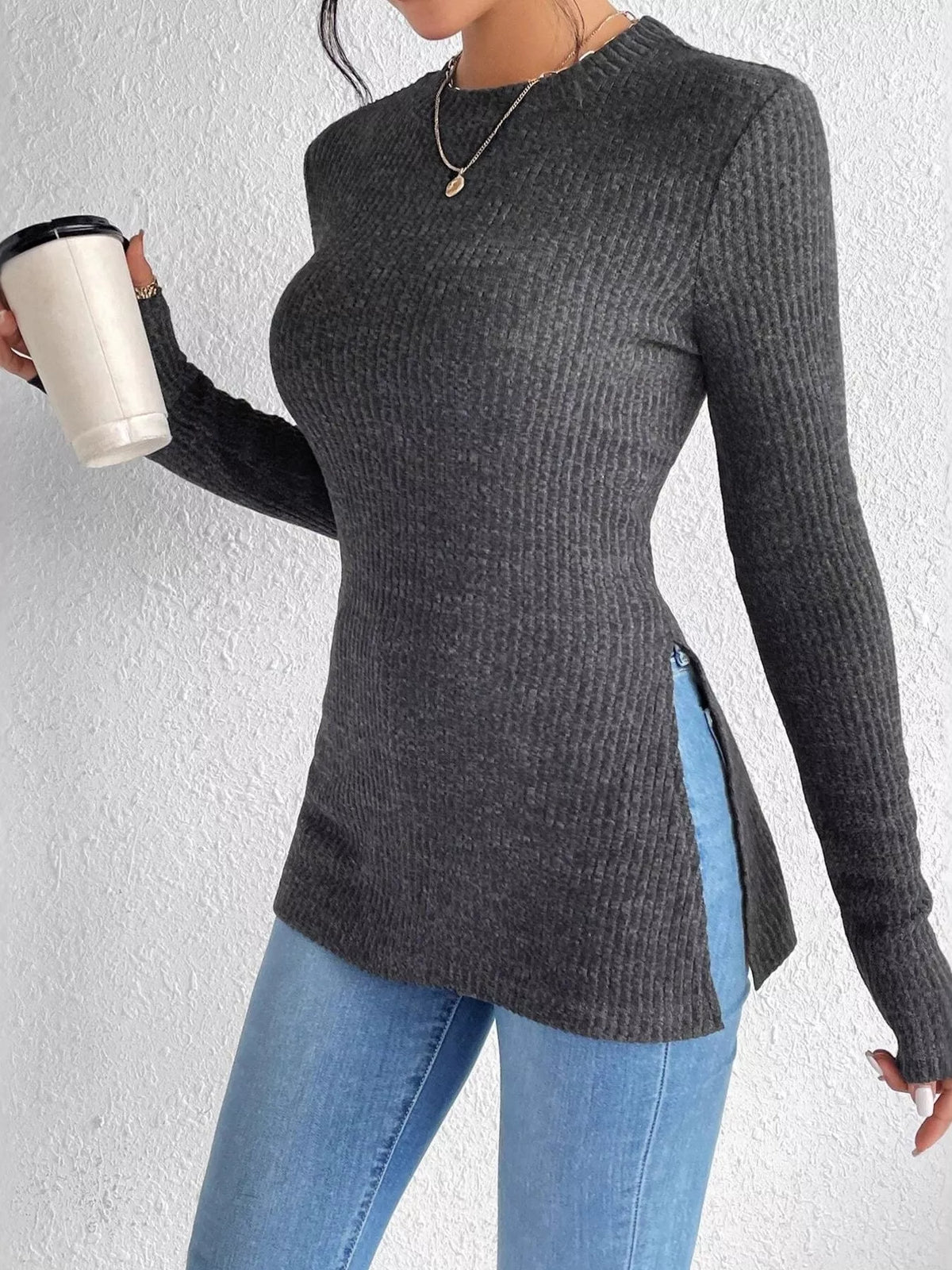 Slit Round Neck Long Sleeve T-Shirt