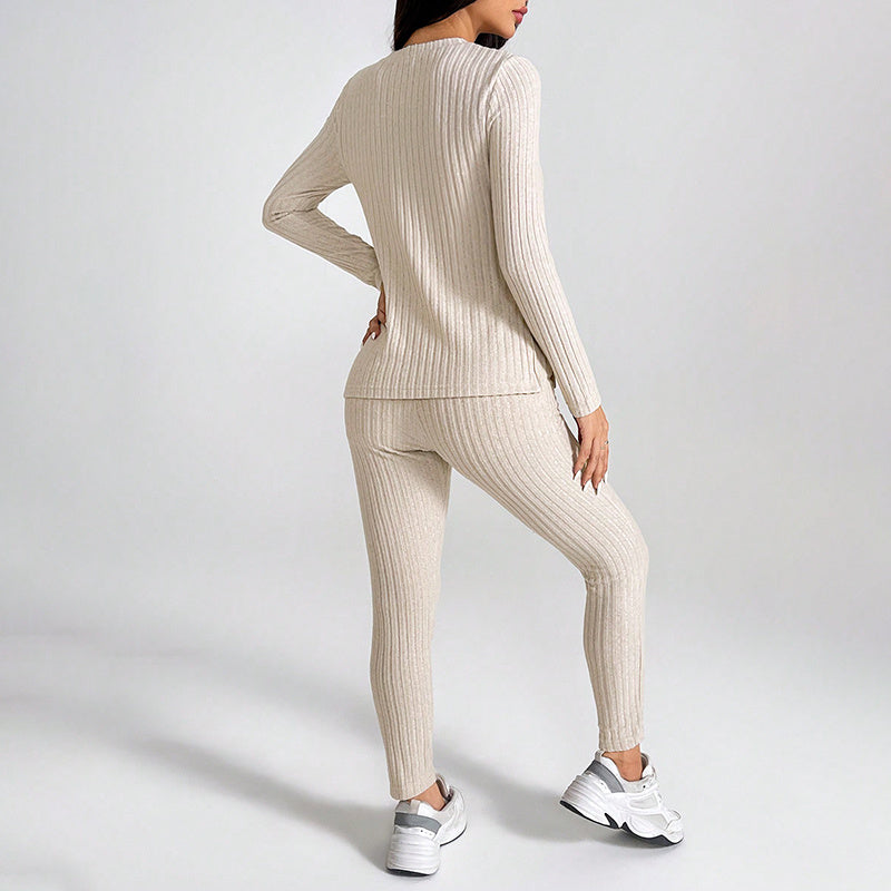 Conjunto de salón de camiseta de manga larga y pantalón de punto acanalado para mujer