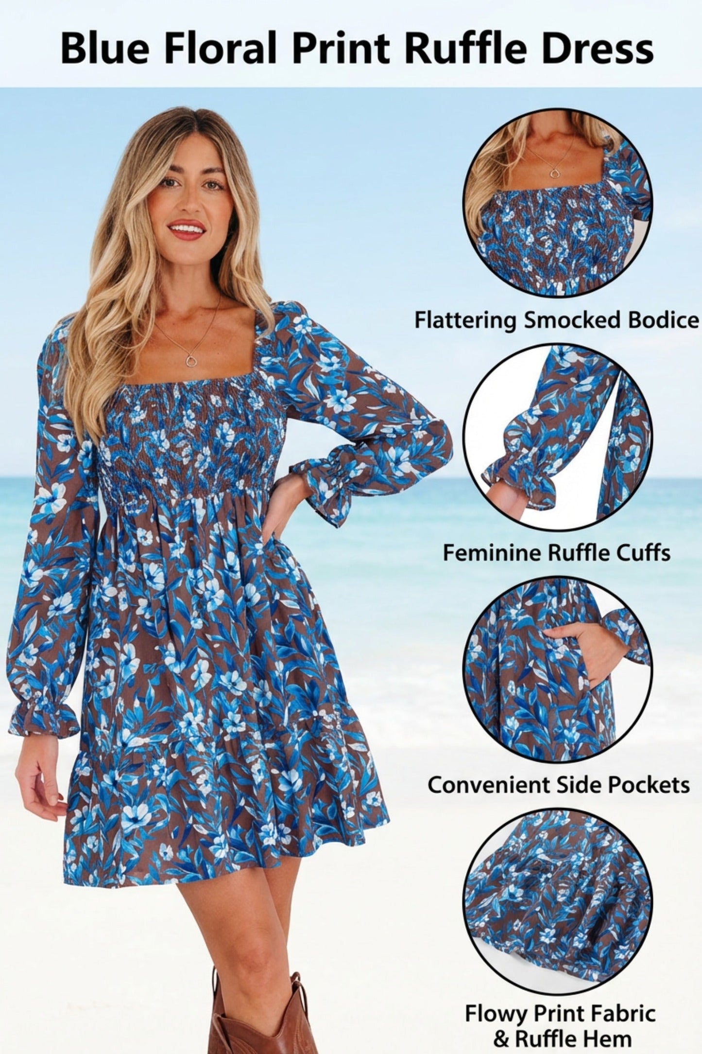 Vestido floral azul con cuerpo fruncido, cintura alta y mangas con volantes