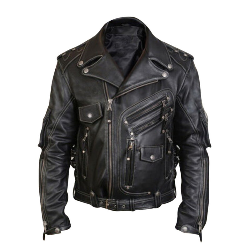 Men's Leather Jacket with Zipper and Multi-Pockets
