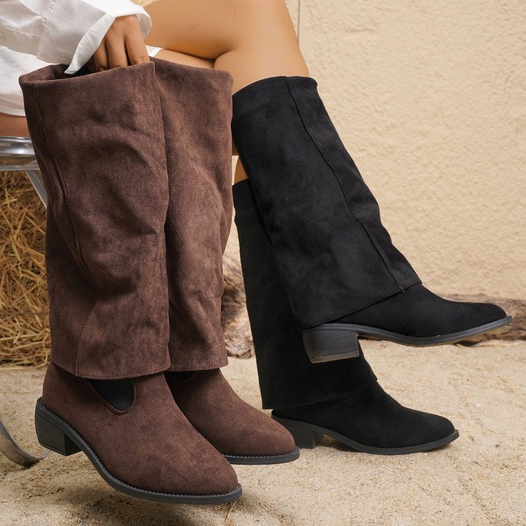 Women's Suede Pointed-Toe Chunky Sole Boots