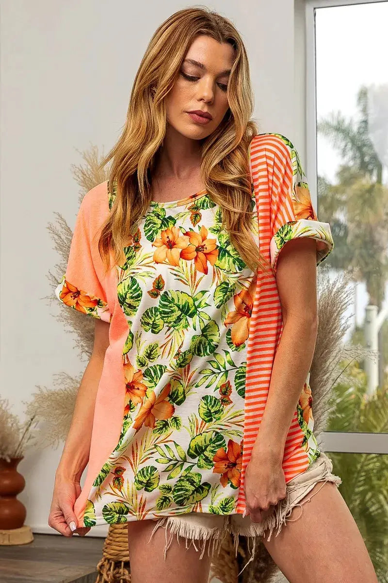 Women's T-Shirt Women's Tee - Floral Stripe Color Block - Casual Style