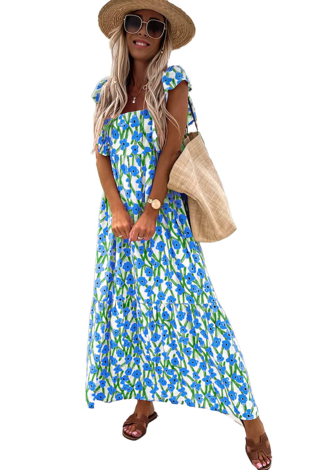Maxivestido con estampado floral azul, escote cuadrado y tirantes con volantes