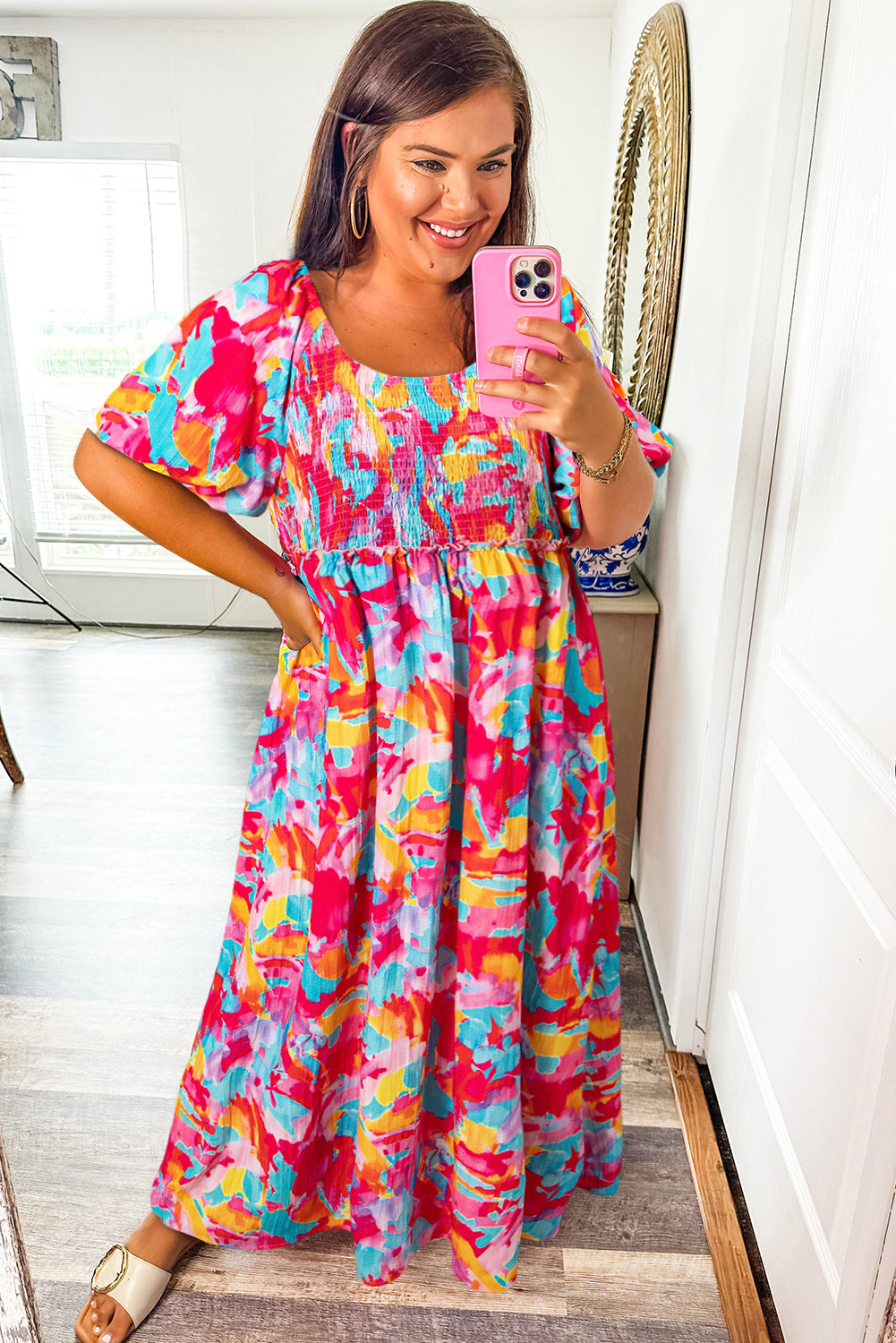 Vestido de Talla Grande con Estampado Floral Abstracto, Mangas Abullonadas, Escote Cuadrado, Busto Fruncido y Espalda Atada