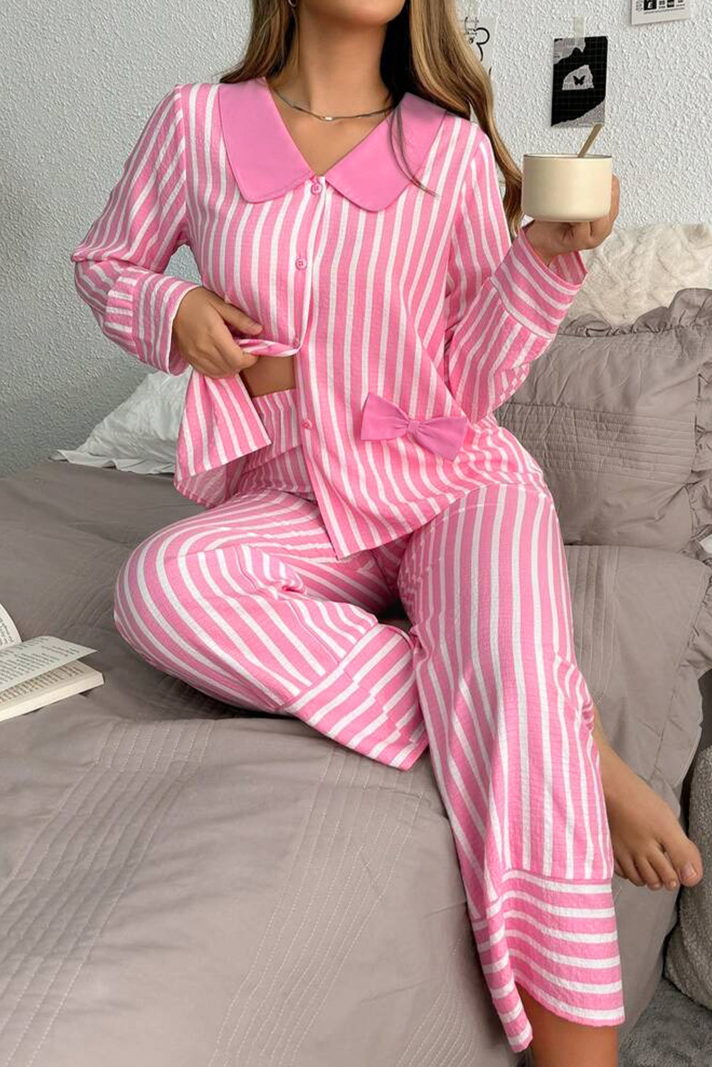 Conjunto de pijama de pantalón y jersey con cuello Peter Pan, lazo dulce y rayas rosadas