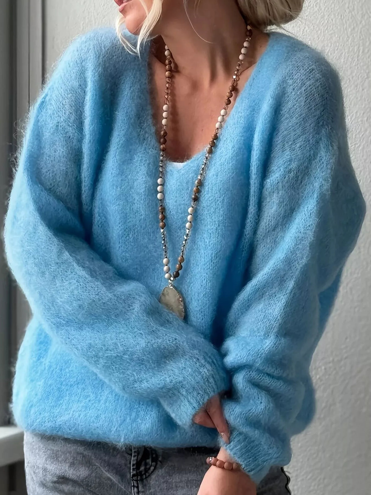 Fluffy Knit V-Neck Long Sleeve Sweater