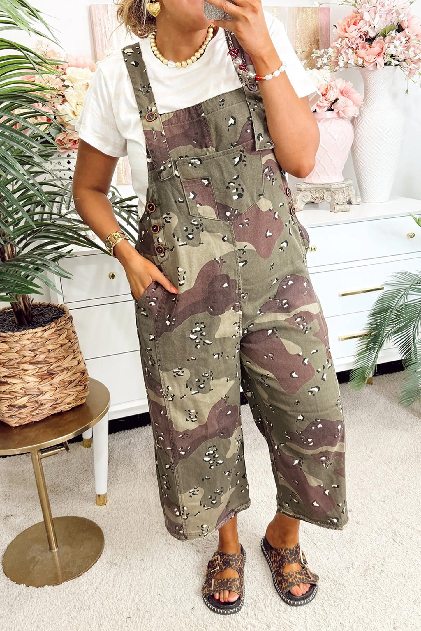 Green Camouflage Print Leopard Detail Loose Denim Overall Cropped Jumpsuit