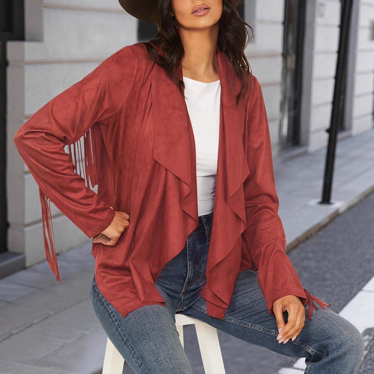 Women's Loose Long Sleeved Tassel V-neck Temperament Concert Cardigan Top Jacket