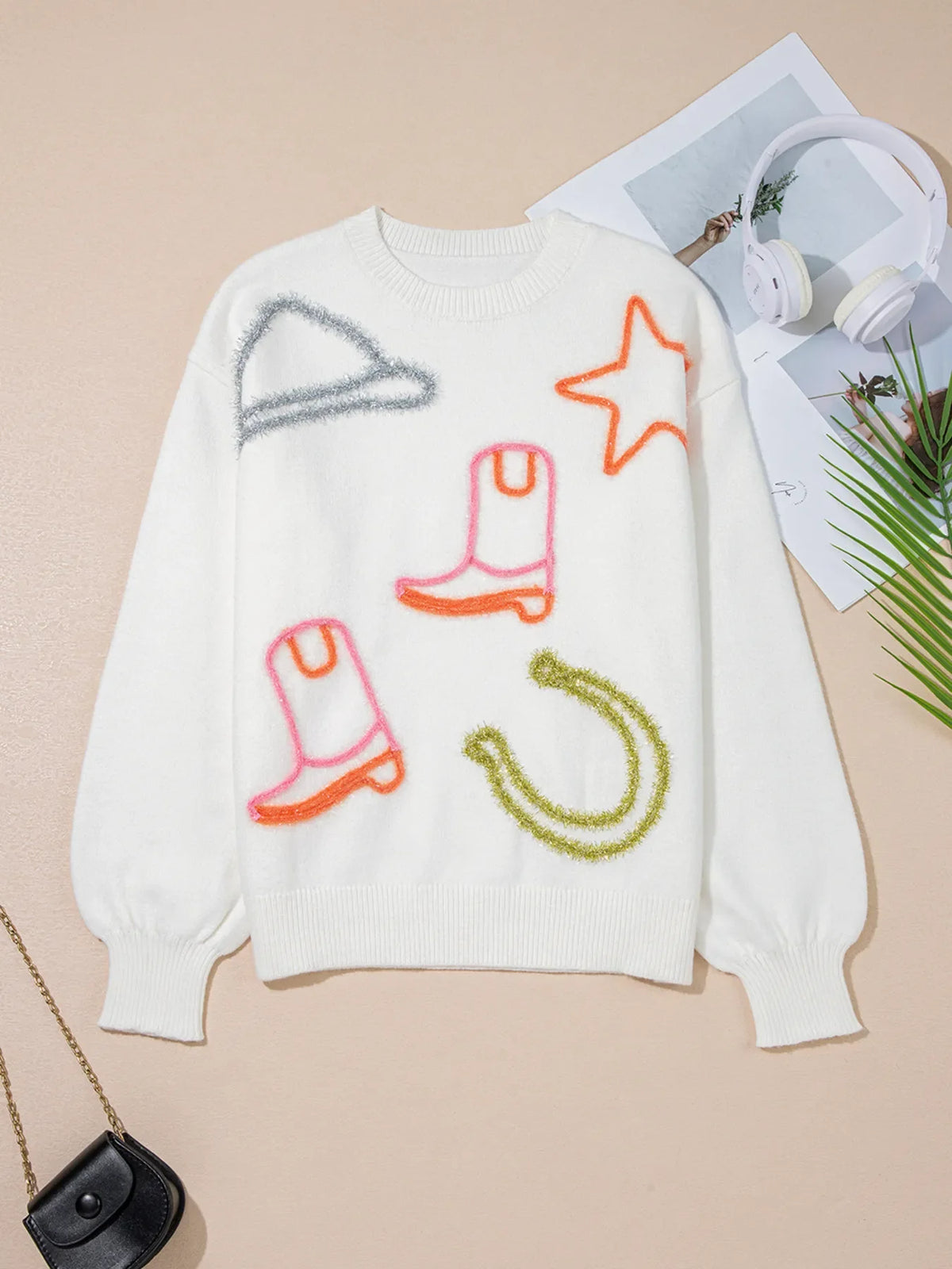 Western Boots Horseshoe Star Knit Crew Neck Sweater