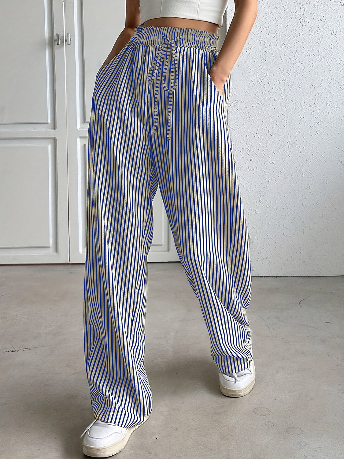 Pantalones con cordón a rayas y cintura elástica