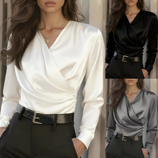 Blusa Elegante de Mujer con Cuello Cruzado en V, Detalle de Volantes y Botones, Camisa de Oficina