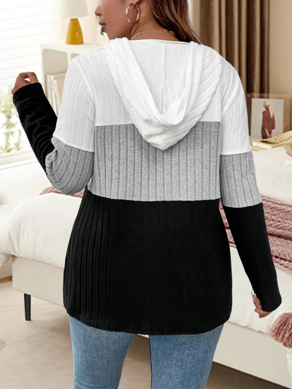 Sudadera con Capucha de Manga Larga con Cordón y Bloques de Color Tallas Grandes