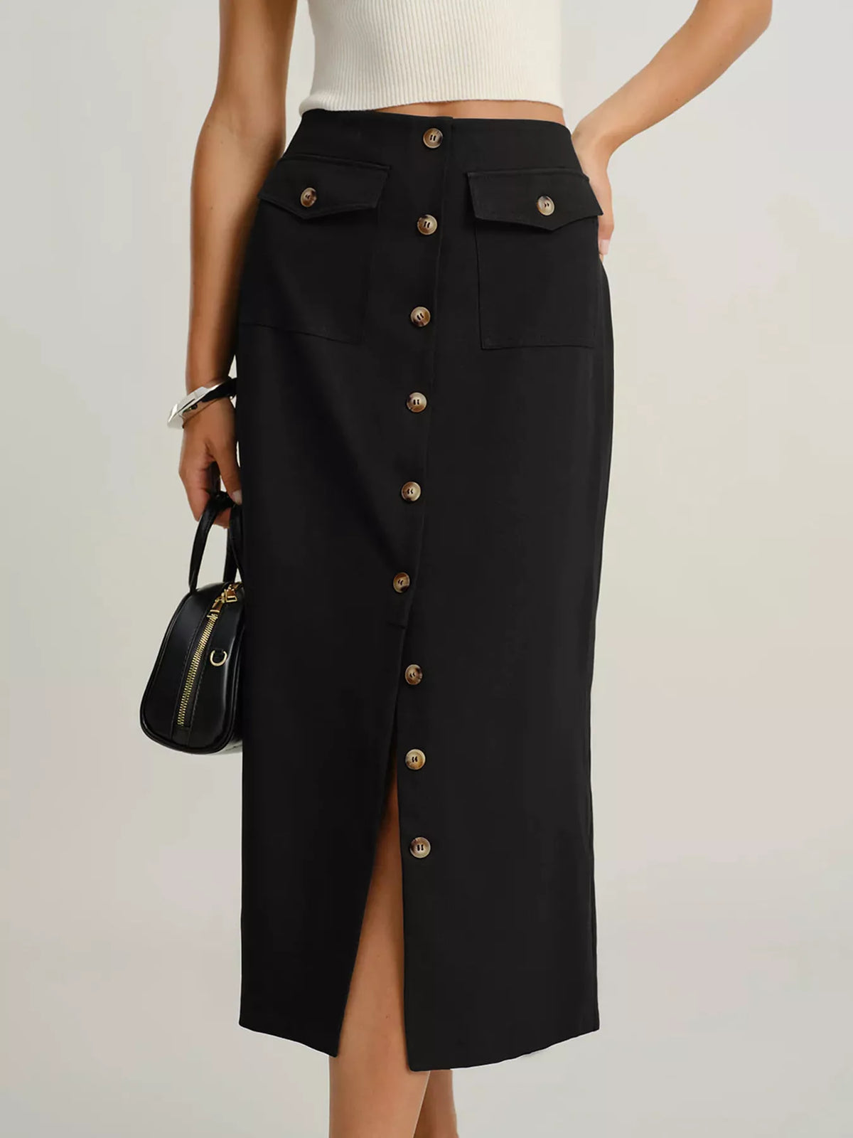Button-Front Midi Skirt with Pockets