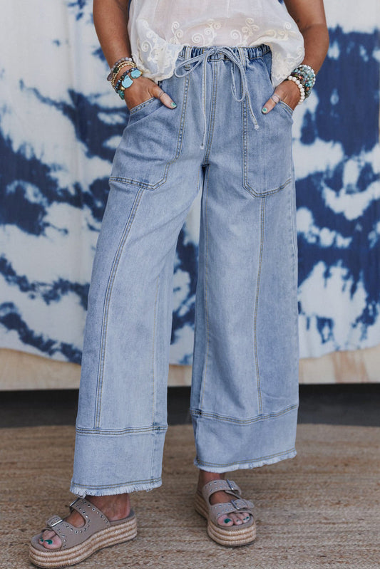Vaqueros anchos Beau Blue con cordón, costuras decorativas y bajo sin rematar