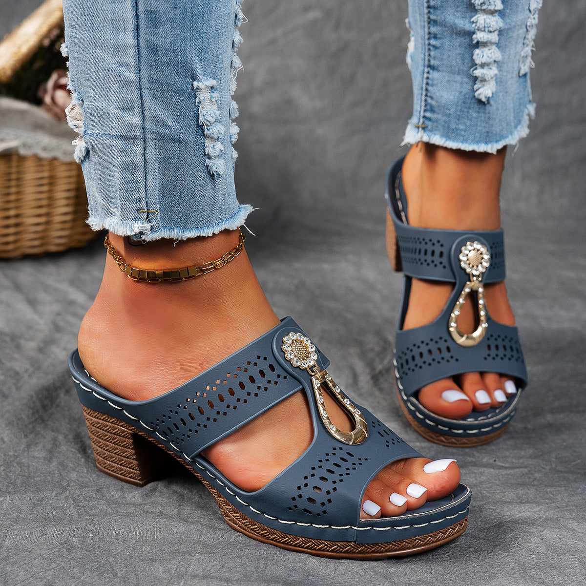 Rhinestone Detail Cutout Block Heel Sandals