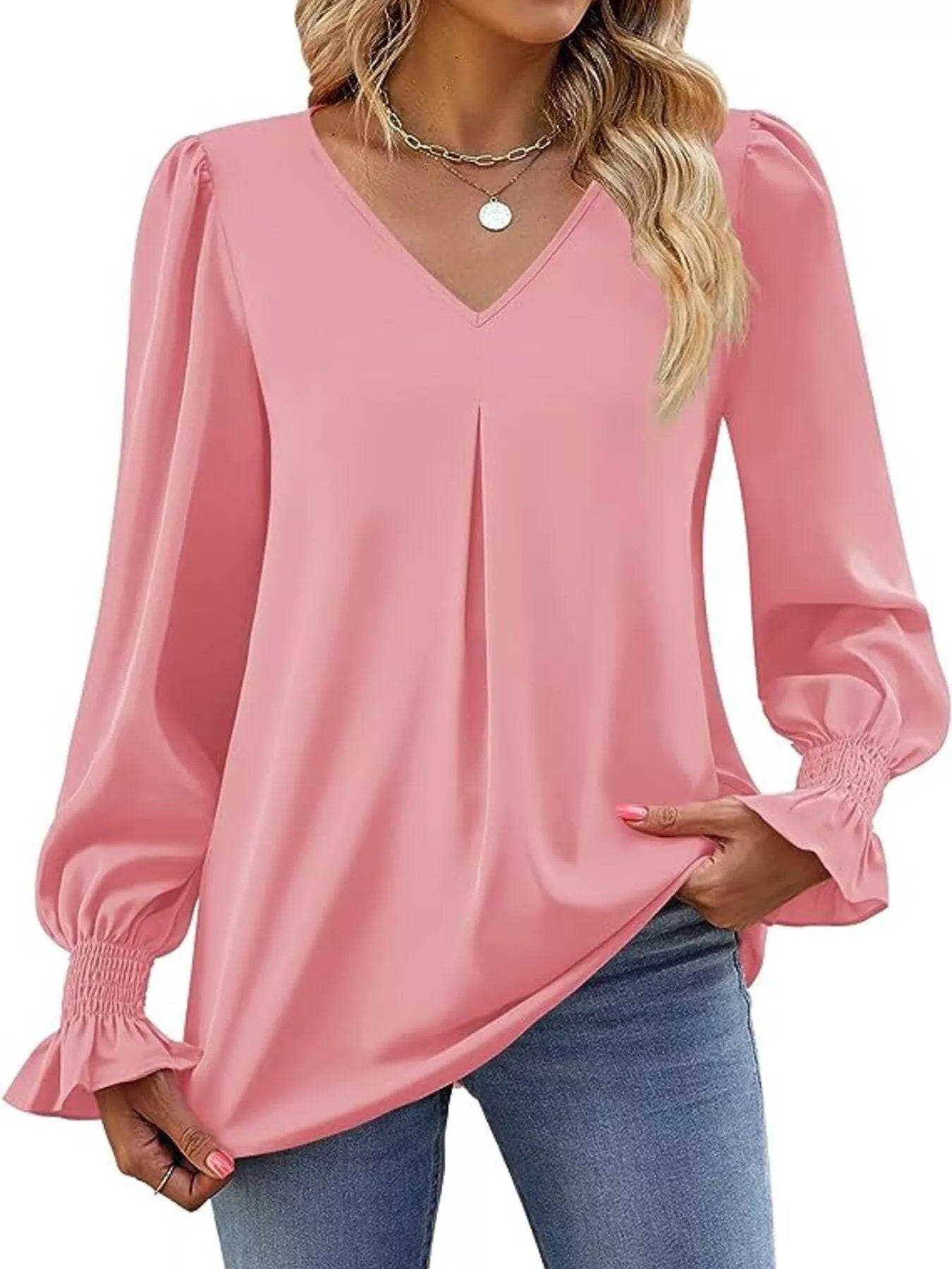 V-Neck Long Sleeve Ruffle Cuff Blouse
