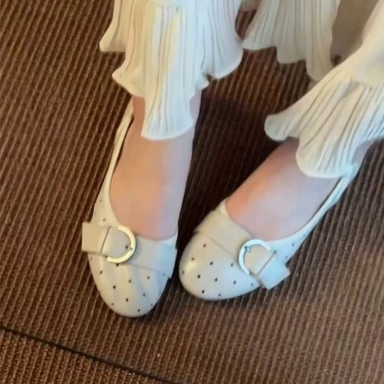 Women Polka Dot Mary Jane Flats Bow Buckle Strap Round Toe Soft Leather Slip On Flat Pumps Vintage Retro Daily Office Casual Dress Shoes