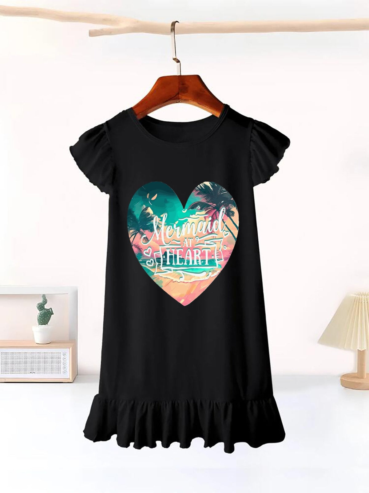 Mermaid at Heart Flutter Sleeve Short Black Dress for Girls (Front Printing)