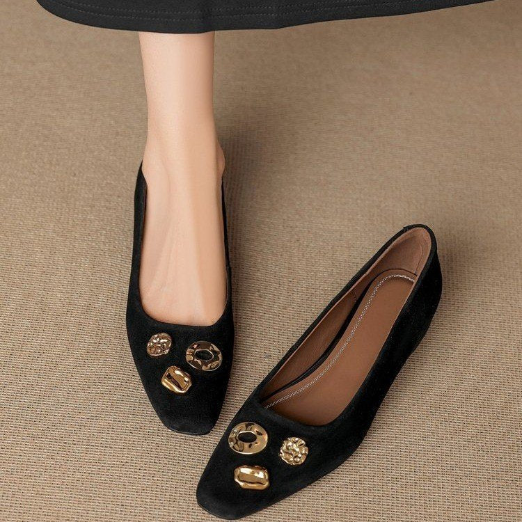 Women Square Toe Matte Suede Ballet Flats Irregular Gold Metal Ornament Decor Slip On Shallow Mouth Elegant Casual Daily Commuter Flat Shoes