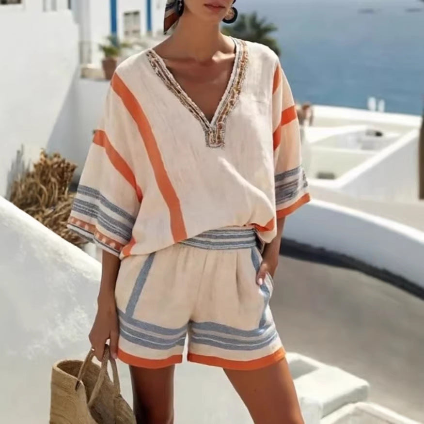 Conjunto de top con cuello en V y shorts de lino a rayas para mujer